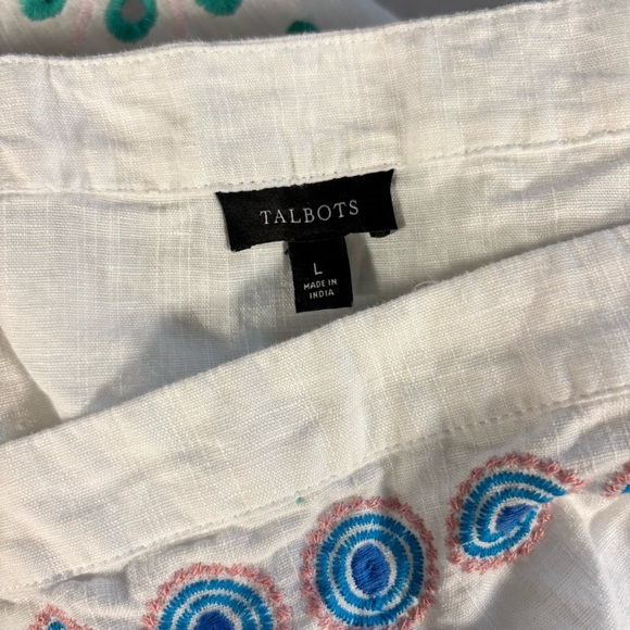 Talbots white linen blend embroidered eyelet tie sleeve square neck spring top L - Picture 11 of 12
